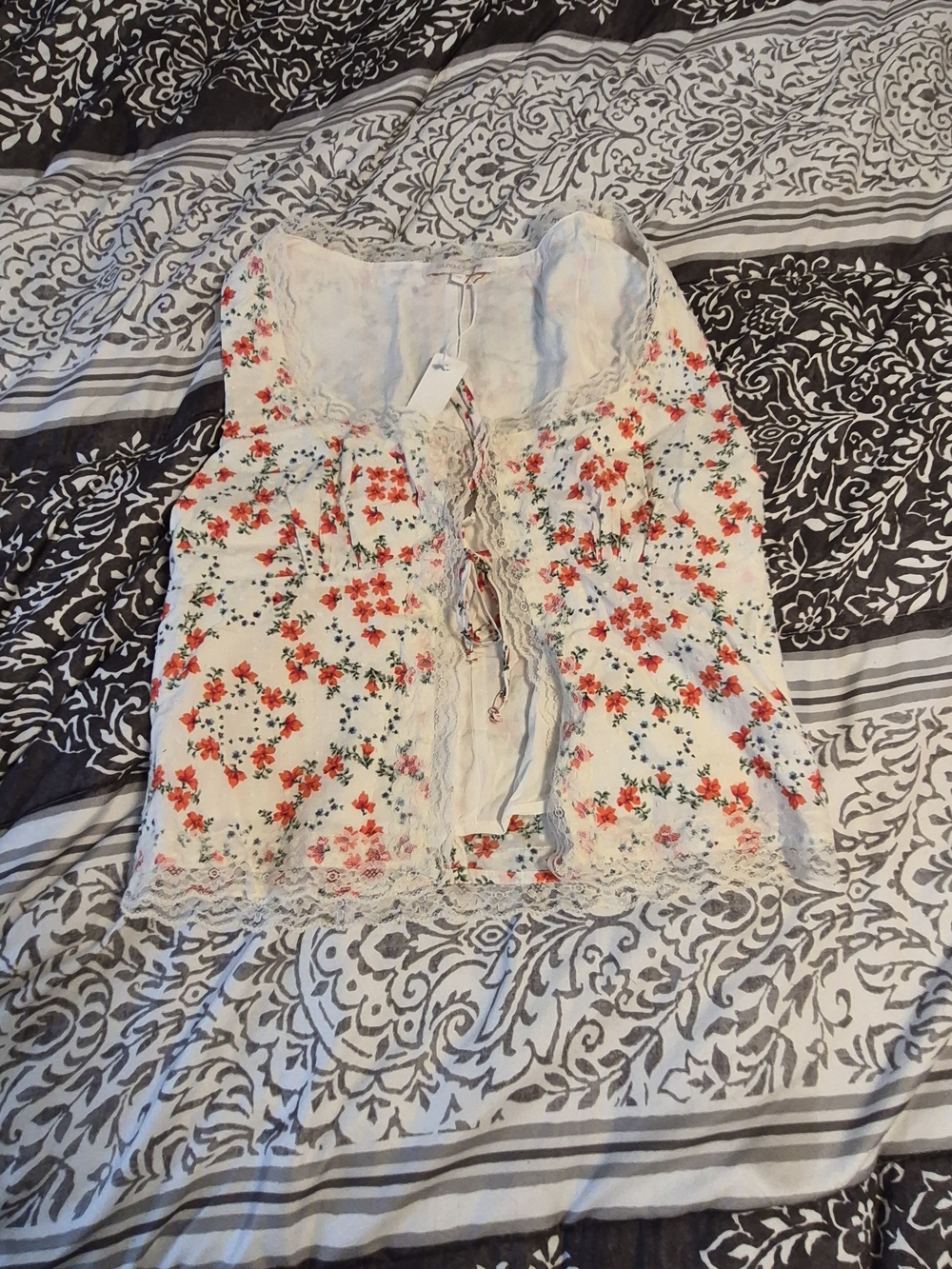Olivaceous White Camisole with Red Floral Print and Lace Trim